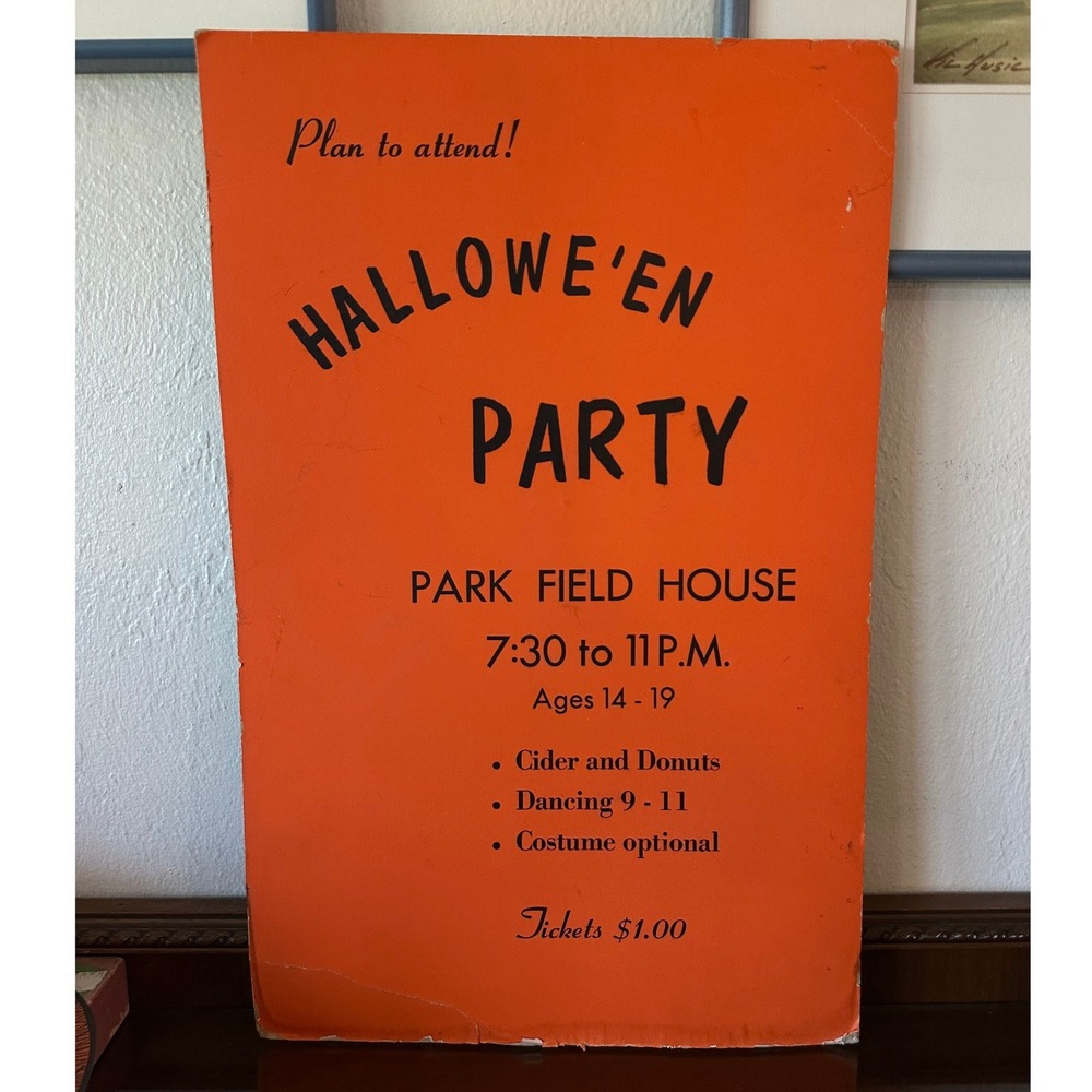 Vintage Halloween Party Poster Cardboard Sign Park Field House Orange 14x22
